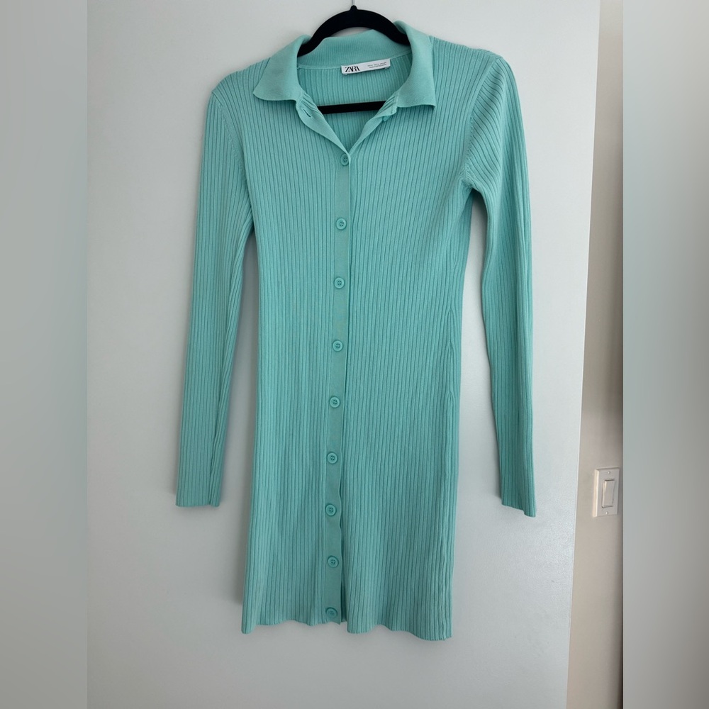 Zara Aqua blue ribbed long sleeve dress in size M